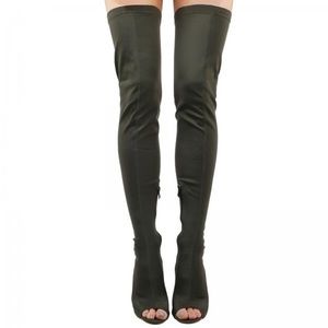 Cindy Thigh High Peep Toe Boot in Khaki Lycra